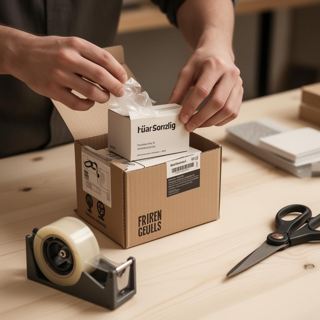 Hände beim sorgfältigen Verpacken eines Produkts